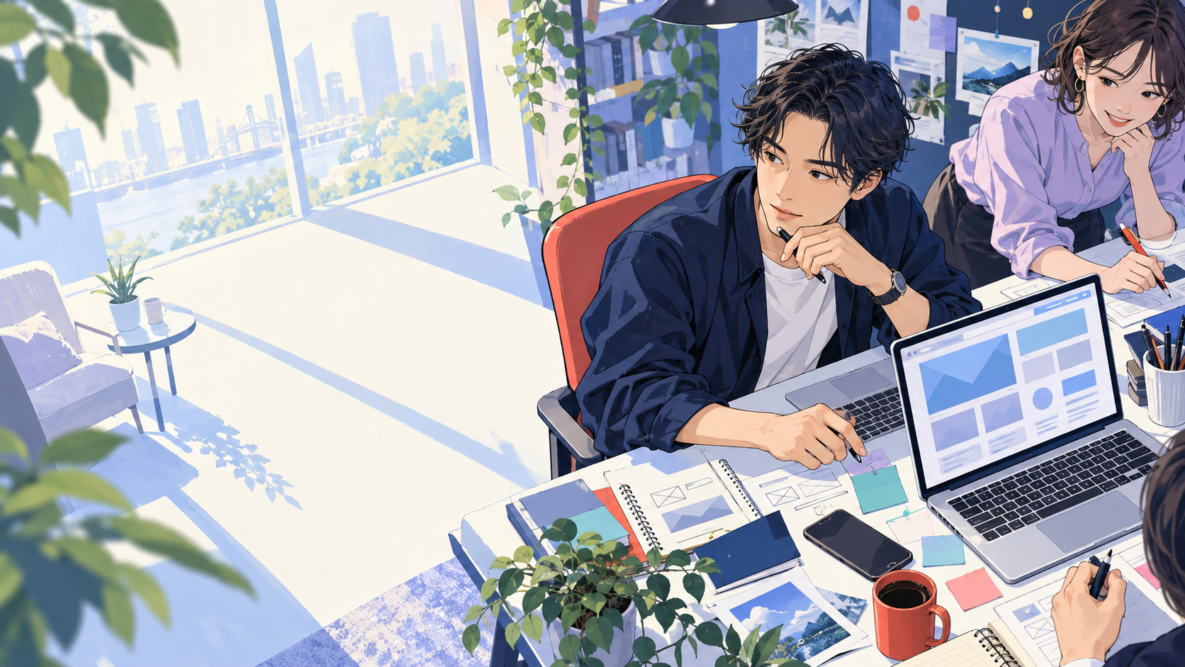 Webサイトの構成案を見ながら話し合うディレクターたちのイラスト